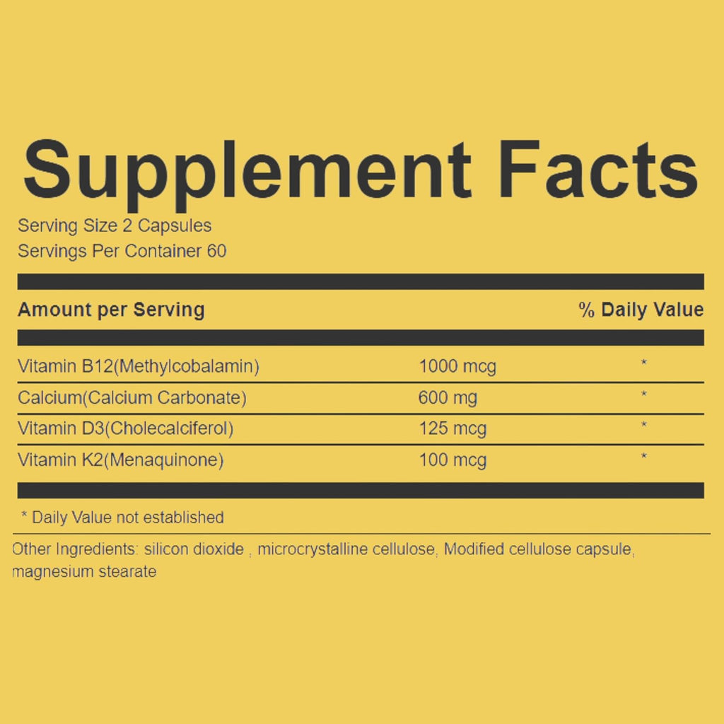Extra Strength 4-in-1 Calcium 600mg + Vitamin D3 + K2 + B12 Natural Supplement Complex (120ct)