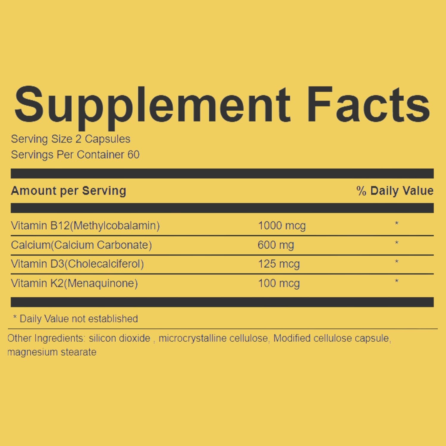 Extra Strength 4-in-1 Calcium 600mg + Vitamin D3 + K2 + B12 Natural Supplement Complex (120ct)