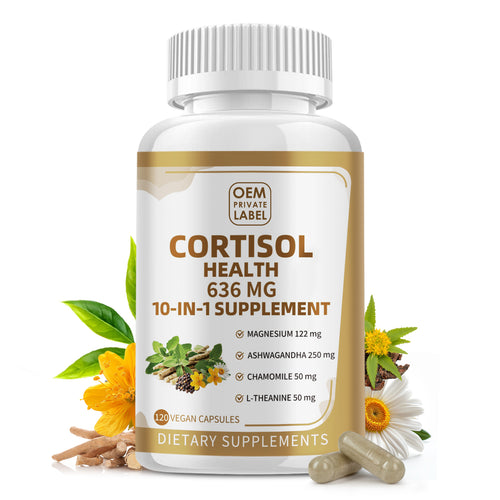 10-in-1 Cortisol Supplement with Magnesium, Ashwagandha, Chamomile, L-Theanine, Phosphatidylserine, St. John's Wort, Astragalus, Vitamin C & D3 (120ct)