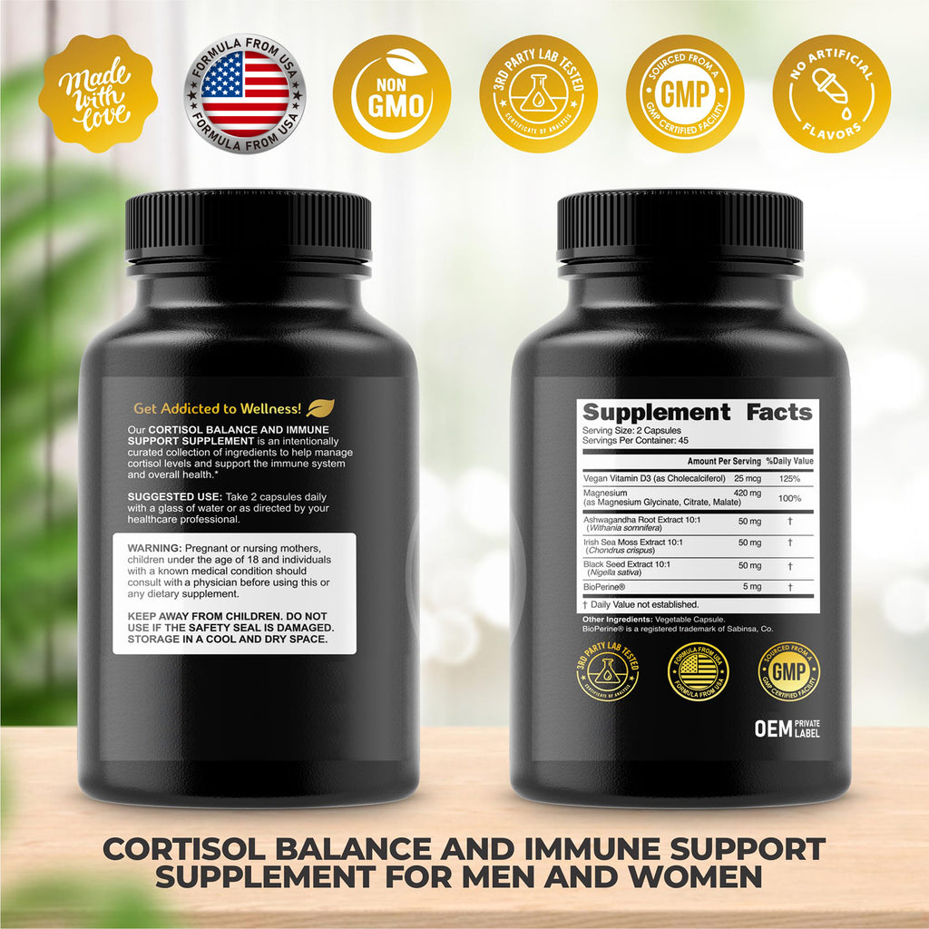 Cortisol Balance and Immune Support Supplement with Ashwagandha, Irish Sea Moss, Black Seed, Vitamin D and Magnesium Complex (90ct)