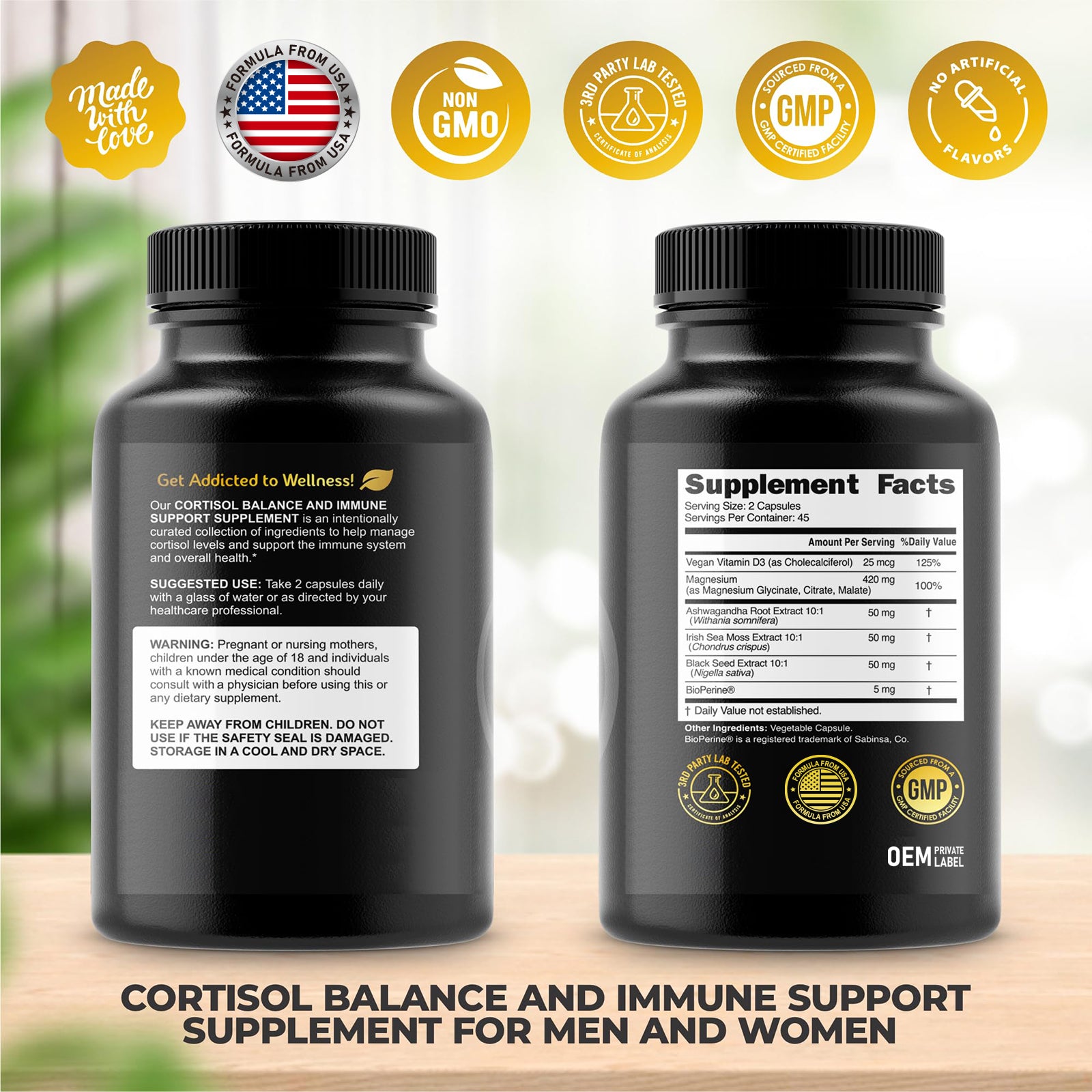 Cortisol Balance and Immune Support Supplement with Ashwagandha, Irish Sea Moss, Black Seed, Vitamin D and Magnesium Complex (90ct)