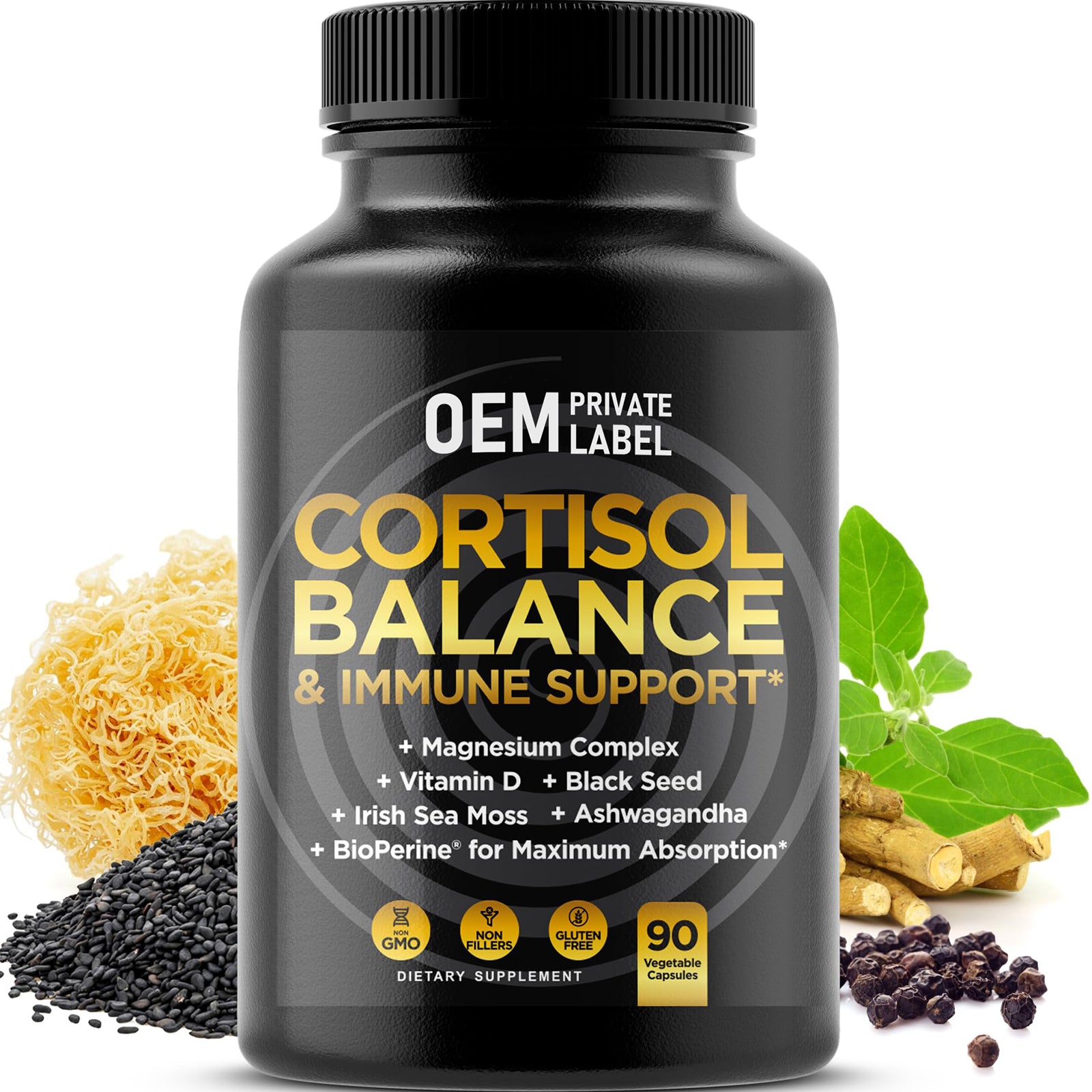 Cortisol Balance and Immune Support Supplement with Ashwagandha, Irish Sea Moss, Black Seed, Vitamin D and Magnesium Complex (90ct)
