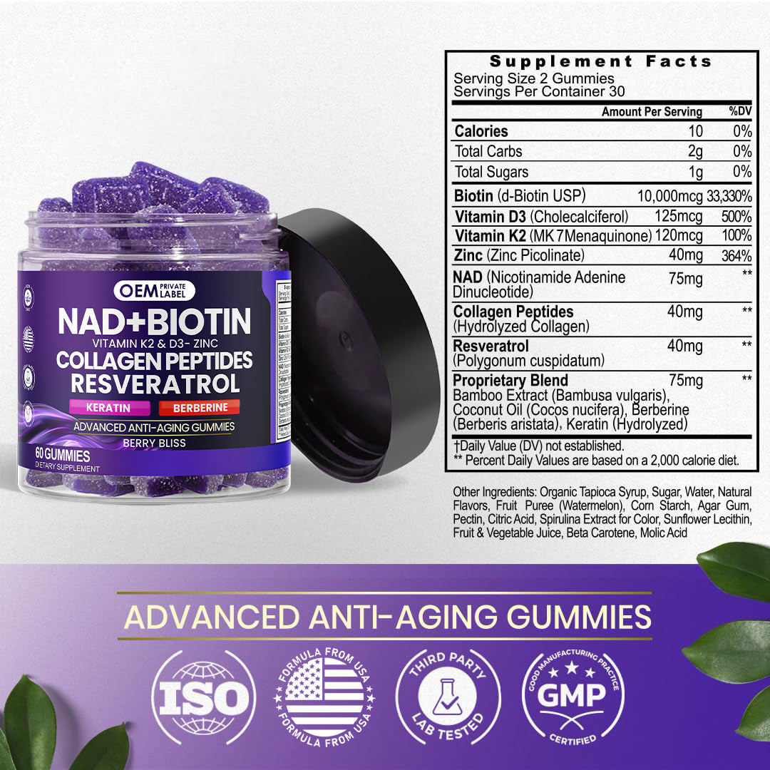NAD+, Resveratrol, Berberine, & Biotin Anti-Aging Gummy (60ct)