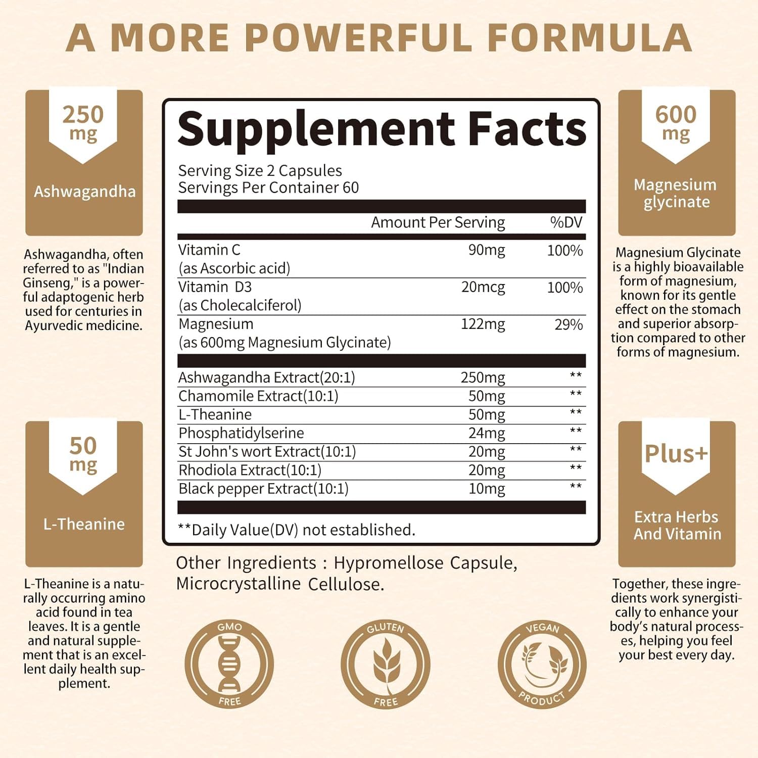 10-in-1 Cortisol Supplement with Magnesium, Ashwagandha, Chamomile, L-Theanine, Phosphatidylserine, St. John's Wort, Astragalus, Vitamin C & D3 (120ct)