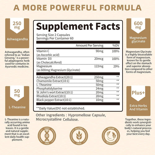 10-in-1 Cortisol Supplement with Magnesium, Ashwagandha, Chamomile, L-Theanine, Phosphatidylserine, St. John's Wort, Astragalus, Vitamin C & D3 (120ct)